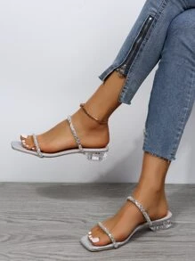 女士水鑽裝飾雙帶魅力四射戶外玻璃平底涼鞋 - 銀色 - 查看 4