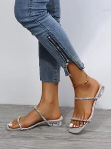 女士水鑽裝飾雙帶魅力四射戶外玻璃平底涼鞋 - 銀色 - 查看 5