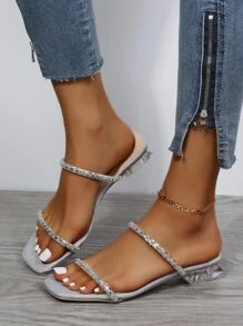 女士水鑽裝飾雙帶魅力四射戶外玻璃平底涼鞋 - 銀色 - 查看 6