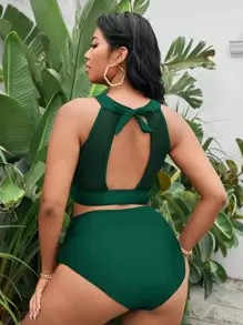 Swim Vcay Plus Size Mesh Panel Tie Back Bikini Set,Summer Beach - Green - View 2