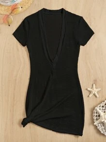 SHEIN Swim Summer Beach Plain Textured Cover Up - Black - View 6