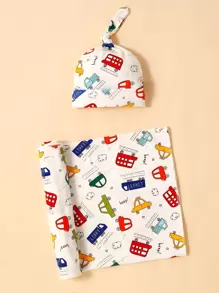 momscare 1 件多色汽车图案襁褓毯和 1 顶帽子，柔软婴儿浴巾，婴儿车盖毯，适合送给每个男孩的温暖礼物，适合家庭和旅行使用爱情人节 - 彩色 - 查看 1