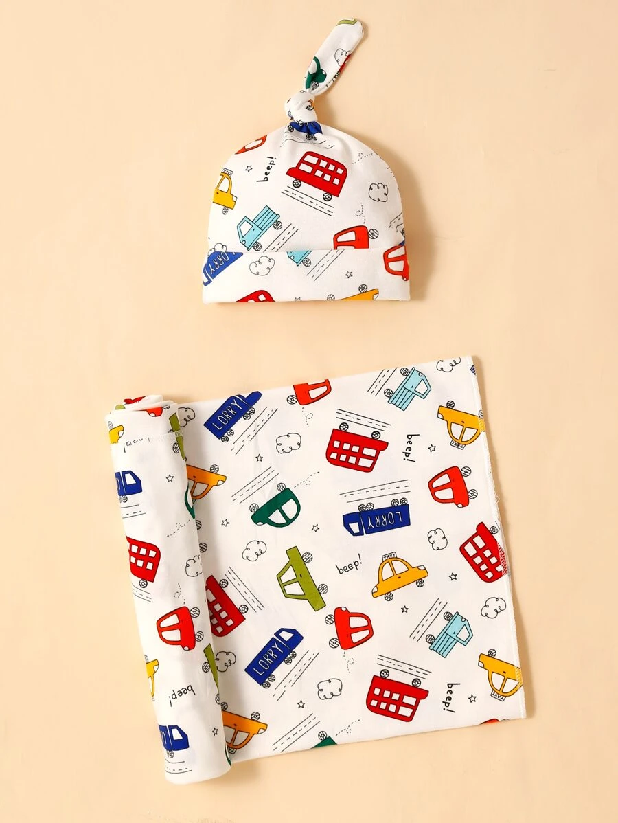 momscare 1 件多色汽车图案襁褓毯和 1 顶帽子，柔软婴儿浴巾，婴儿车盖毯，适合送给每个男孩的温暖礼物，适合家庭和旅行使用爱情人节 - 彩色 - 查看 1