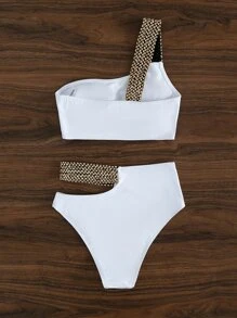 SHEIN Swim 对比色拼接比基尼套装单肩无线文胸上衣和镂空高腰比基尼下装 2 件比基尼，夏季海滩