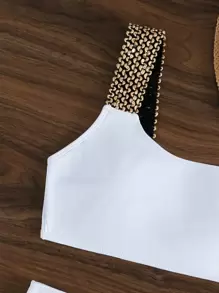 SHEIN Swim 对比色拼接比基尼套装单肩无线文胸上衣和镂空高腰比基尼下装 2 件比基尼，夏季海滩