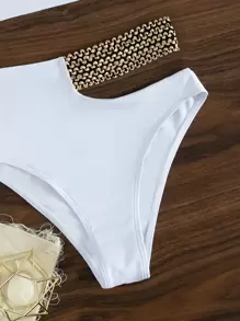 SHEIN Swim 对比色拼接比基尼套装单肩无线文胸上衣和镂空高腰比基尼下装 2 件比基尼，夏季海滩