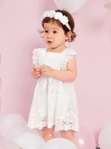 Baby Scallop Trim Button Back Contrast Lace Flared Hem Dress - White - View 1