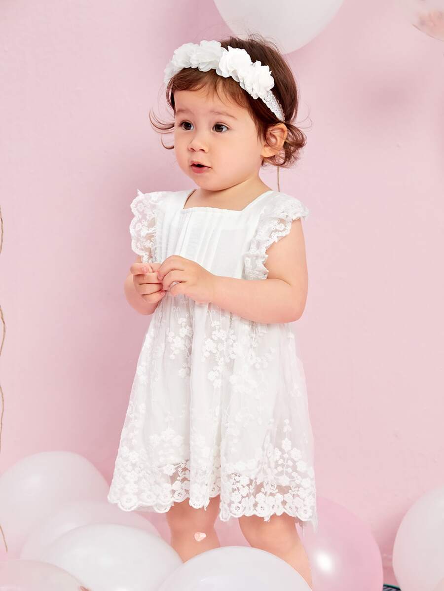 Baby Scallop Trim Button Back Contrast Lace Flared Hem Dress - White - View 1
