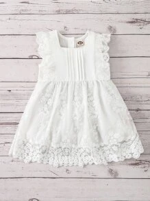 Baby Scallop Trim Button Back Contrast Lace Flared Hem Dress - White - View 4