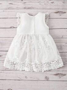 Baby Scallop Trim Button Back Contrast Lace Flared Hem Dress - White - View 5