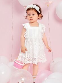 Baby Scallop Trim Button Back Contrast Lace Flared Hem Dress - White - View 6