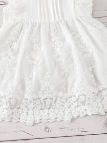 Baby Scallop Trim Button Back Contrast Lace Flared Hem Dress - White - View 8