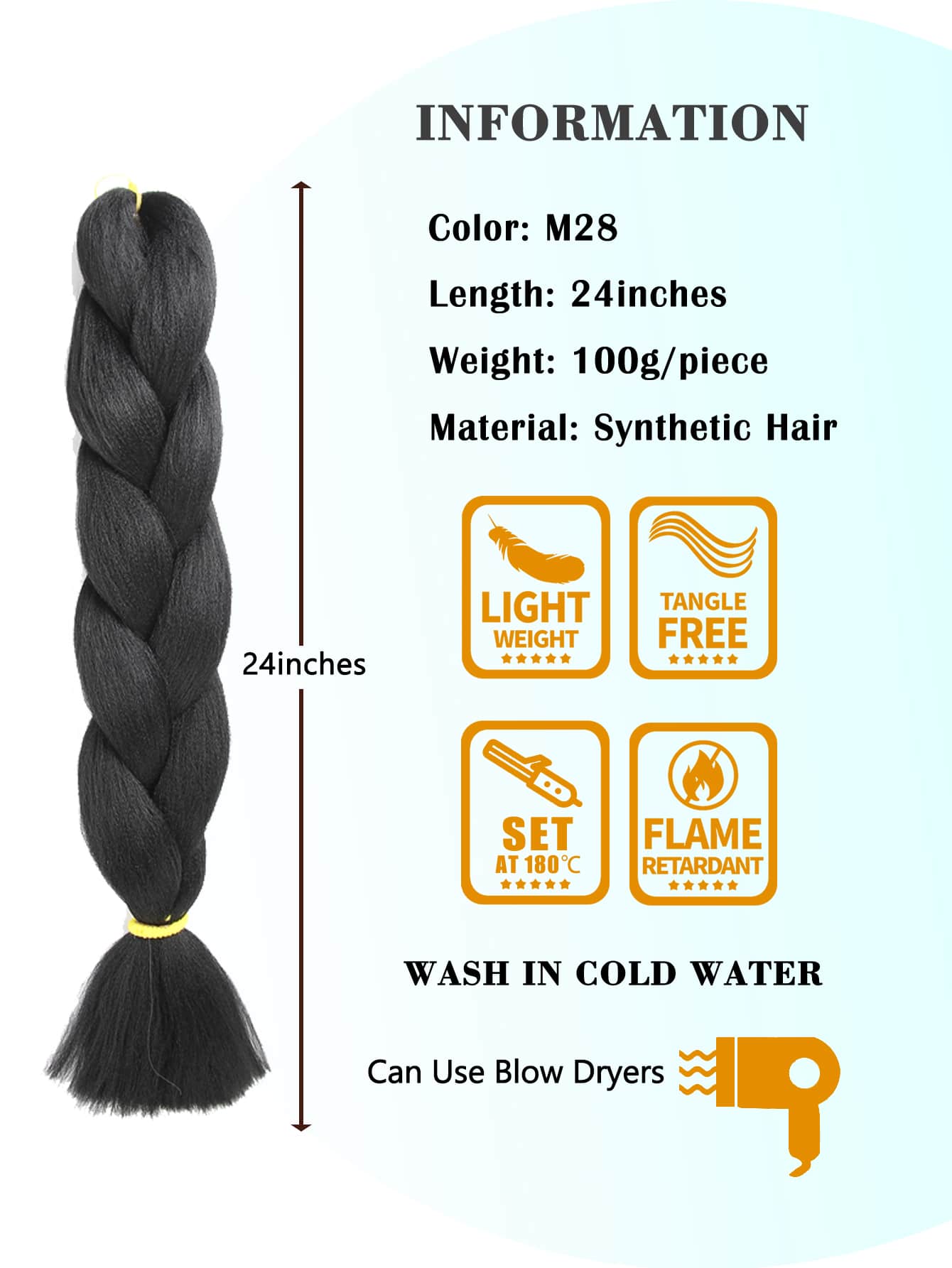 Miniatura 4 de 3 piezas Trenza de pelo sintético natural largo Negro