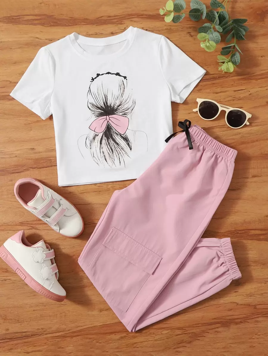 SHEIN Tween Girl 1pc Figure Graphic Tee With 1pc Cargo Pants - Multicolor - View 1