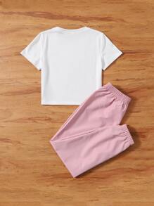 SHEIN Tween Girl 1pc Figure Graphic Tee With 1pc Cargo Pants - Multicolor - View 2
