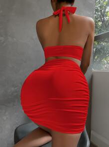 SHEIN SXY 後背繫帶掛脖上衣和包臀半身裙套裝 - 紅色 - 查看 2