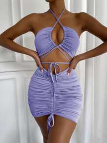 SHEIN Allurite Lace Up Front Drawstring Ruched Front Halter Dress - Violet Purple - View 3