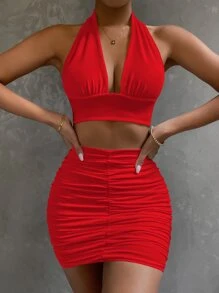SHEIN SXY 後背繫帶掛脖上衣和包臀半身裙套裝 - 紅色 - 查看 3