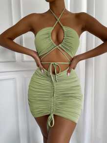SHEIN Allurite Vestido halter con cordón delantero con cordón fruncido delantero - Verde Lima - Ver 3