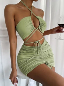 SHEIN Allurite Vestido halter con cordón delantero con cordón fruncido delantero - Verde Lima - Ver 4