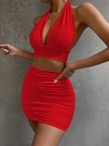 SHEIN SXY 後背繫帶掛脖上衣和包臀半身裙套裝 - 紅色 - 查看 4