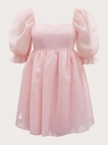 SHEIN MOD Plus Square Neck Puff Sleeve Dress - Baby Pink - View 1