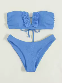 Frill Trim V Wired Bikini For Summer Beach - Baby Blue - View 3