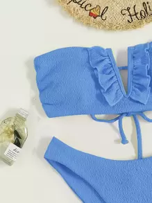 Frill Trim V Wired Bikini For Summer Beach - Baby Blue - View 4