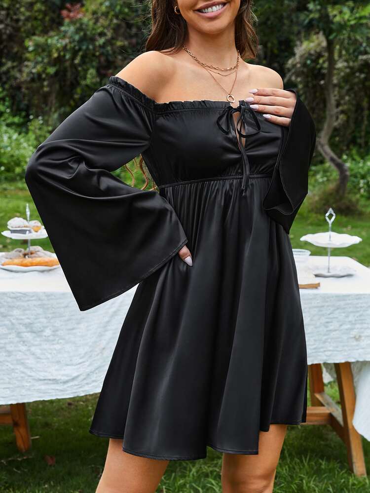 off shoulder ruffle trim trumpet sleeve dress SHEIN MOD Off Shoulder Frill Trim Trumpet Sleeve Dress