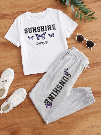SHEIN Tween Girl Butterfly & Letter Graphic Tee With Sweatpants