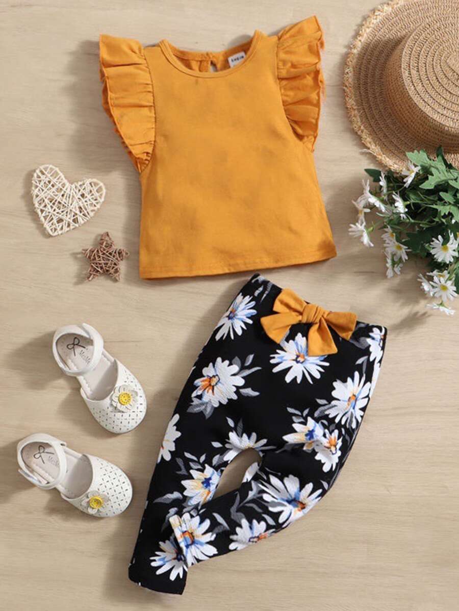 SHEIN Baby Ruffle Sleeve Top & Floral Print Bow Front Trousers - Multicolor - View 1