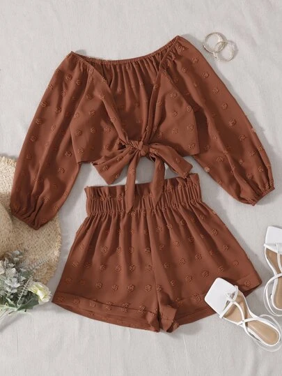 SHEIN VCAY 前繫帶圓點上衣和紙袋腰短褲套裝