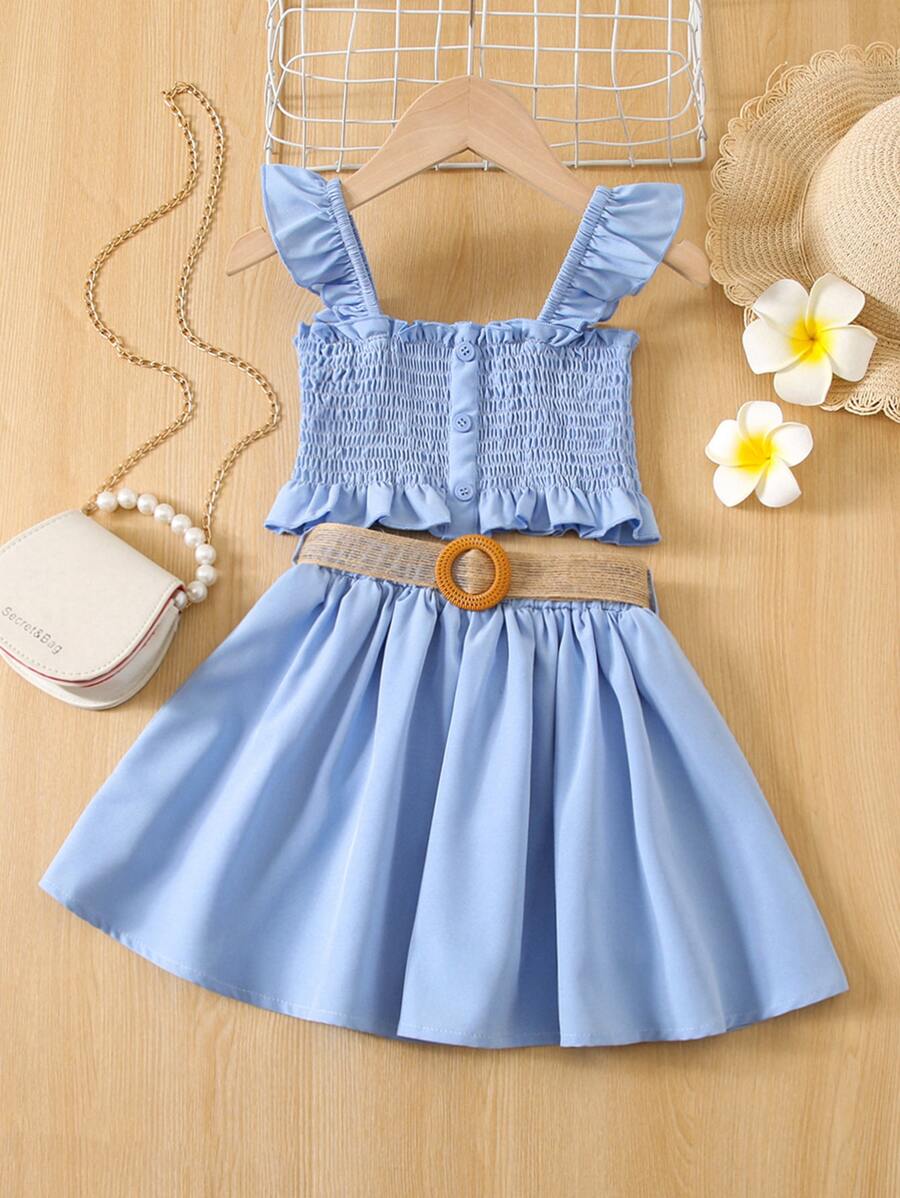 小女童荷葉邊打褶花邊下擺上衣和腰帶半身裙