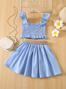 小女童荷葉邊打褶花邊下擺上衣和腰帶半身裙