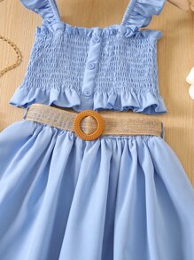 小女童荷葉邊打褶花邊下擺上衣和腰帶半身裙