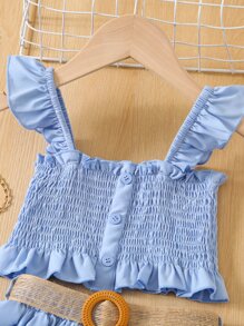 小女童荷葉邊打褶花邊下擺上衣和腰帶半身裙