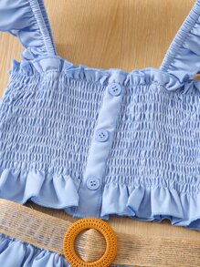 小女童荷葉邊打褶花邊下擺上衣和腰帶半身裙