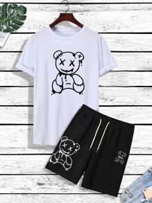 Manfinity Hypemode Men Bear Print Tee & Drawstring Waist Shorts - Black and White - View 1