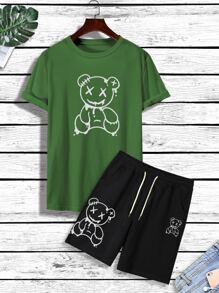 Manfinity Hypemode Camiseta con estampado de oso con shorts de cintura con cordón - Multicolor - Ver 1