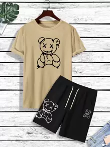 Manfinity Hypemode Men Bear Print Tee & Drawstring Waist Shorts - Multicolor - View 1
