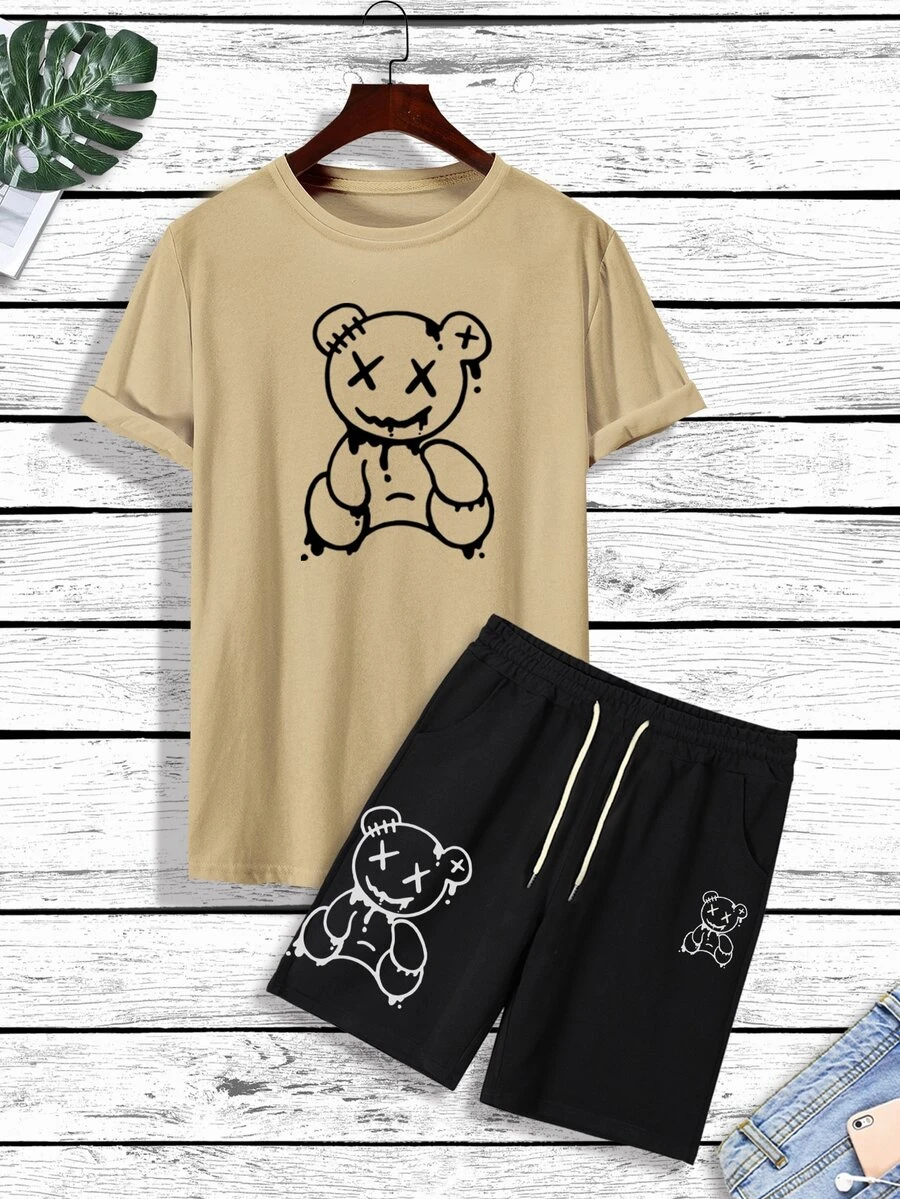 Manfinity Hypemode Men Bear Print Tee & Drawstring Waist Shorts - Multicolor - View 1