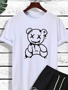 Manfinity Hypemode Men Bear Print Tee & Drawstring Waist Shorts - Black and White - View 4