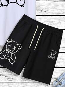 Manfinity Hypemode Men Bear Print Tee & Drawstring Waist Shorts - Black and White - View 5