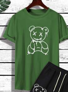 Manfinity Hypemode Camiseta con estampado de oso con shorts de cintura con cordón - Multicolor - Ver 4