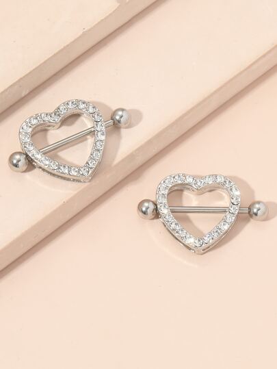 2pcs Heart-Shaped Rhinestone Cute Glamorous Women's Stainless Steel Nipple Rings
