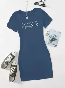 Flirla Plus Letter Graphic Bodycon Dress - Navy Blue - View 1