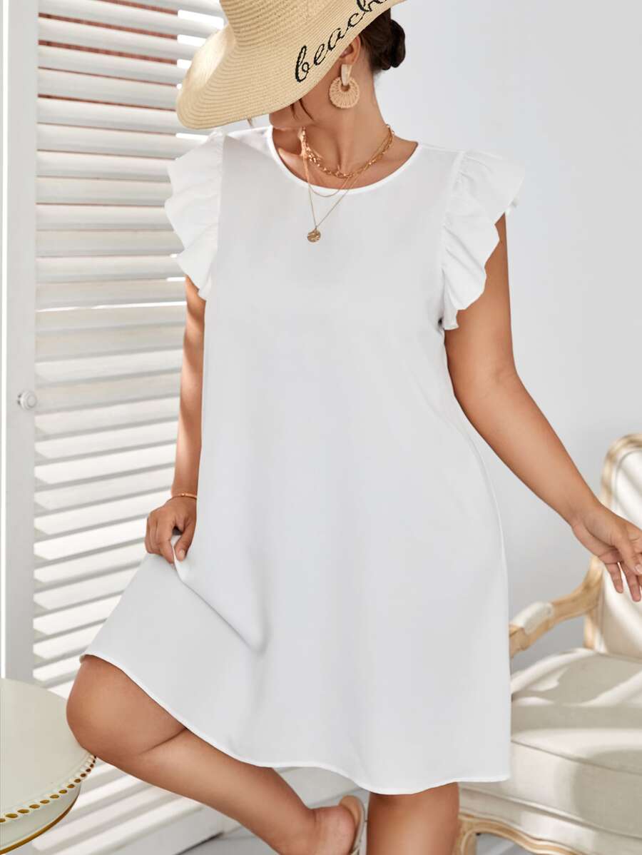 SHEIN VCAY Plus Ruffle Sleeve Tunic Dress - White - View 1
