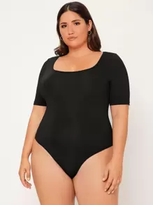 SHEIN BASICS Plus Solid Scoop Neck Bodysuit - Black - View 6