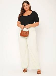 SHEIN BASICS Plus Solid Scoop Neck Bodysuit - Black - View 3