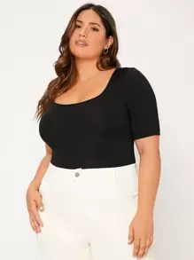 SHEIN BASICS Plus Solid Scoop Neck Bodysuit - Black - View 4